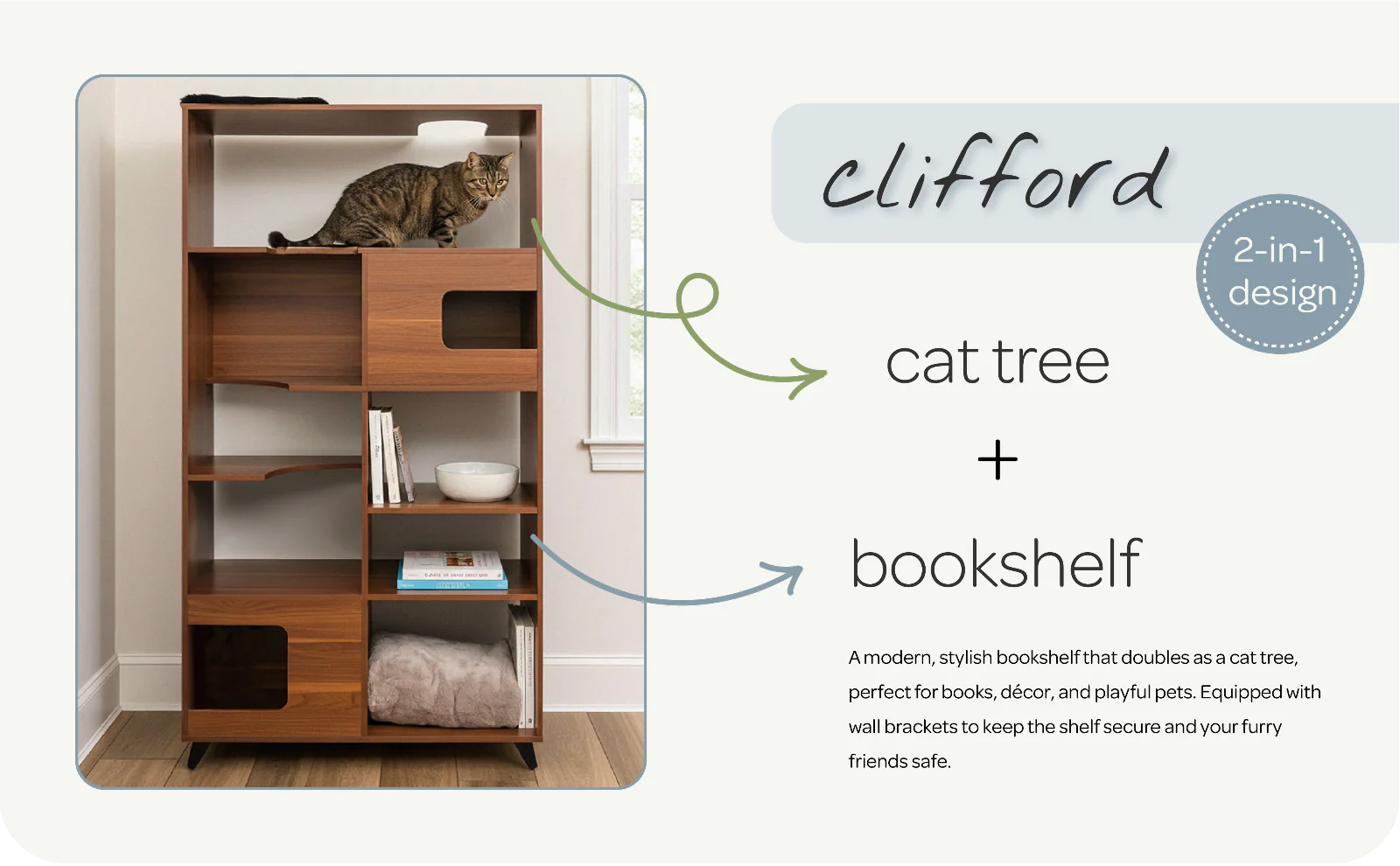 Cat tree and bookshelf with a cat on top, labeled 'Clifford'.