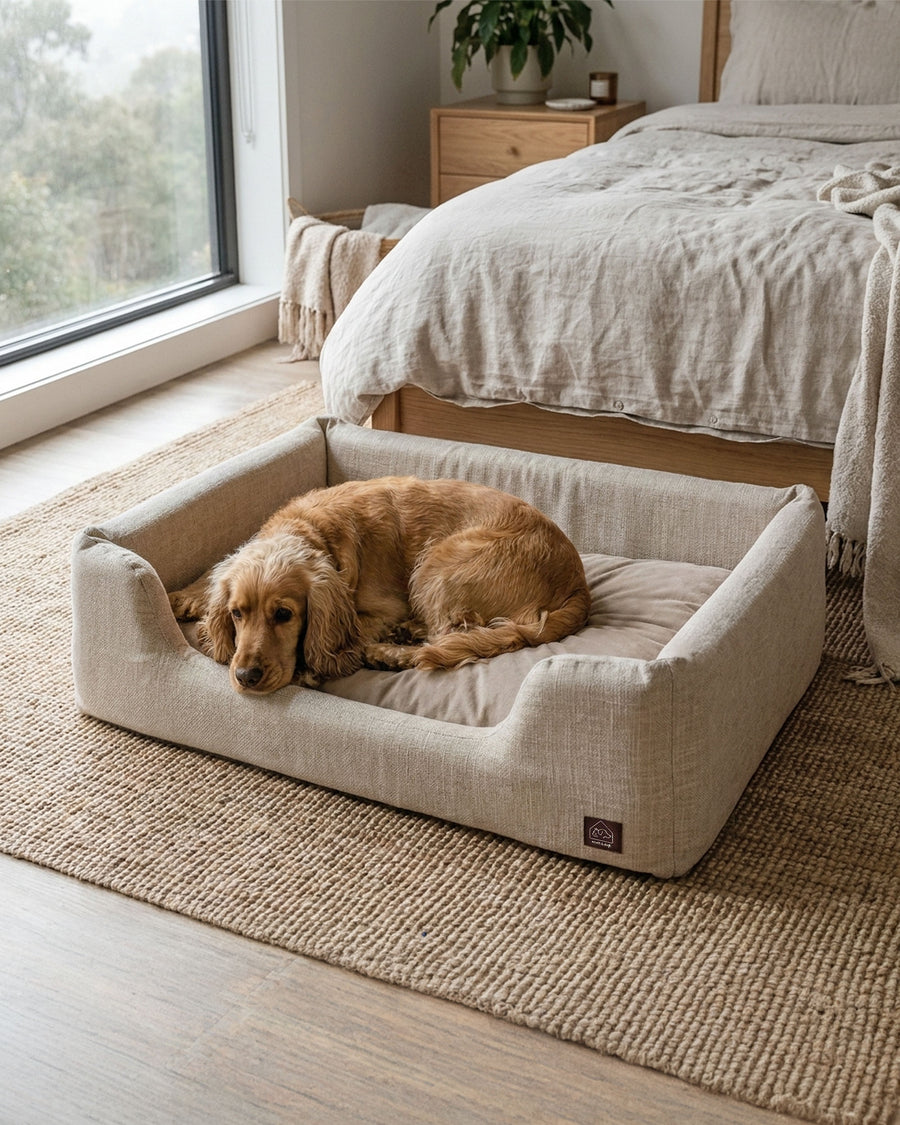 Plush upholstered pet bed with removable washable cover