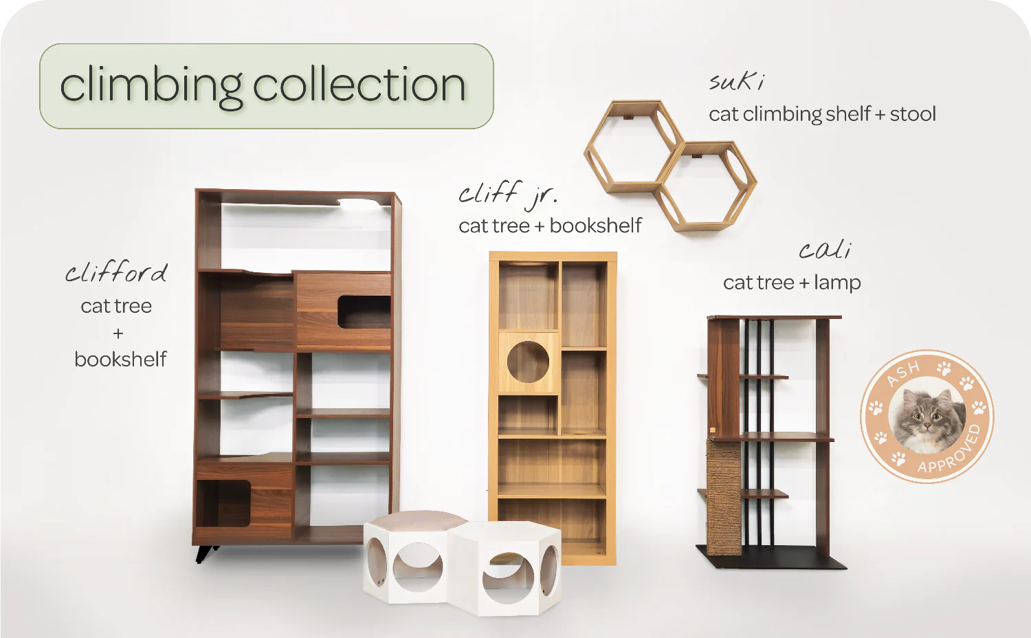 A collection of furniture and accessories, including a bookshelf, designed for pets, featuring climbing spaces for cats.