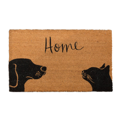 Doormat with dog and cat silhouette and 'Home' text on a white background