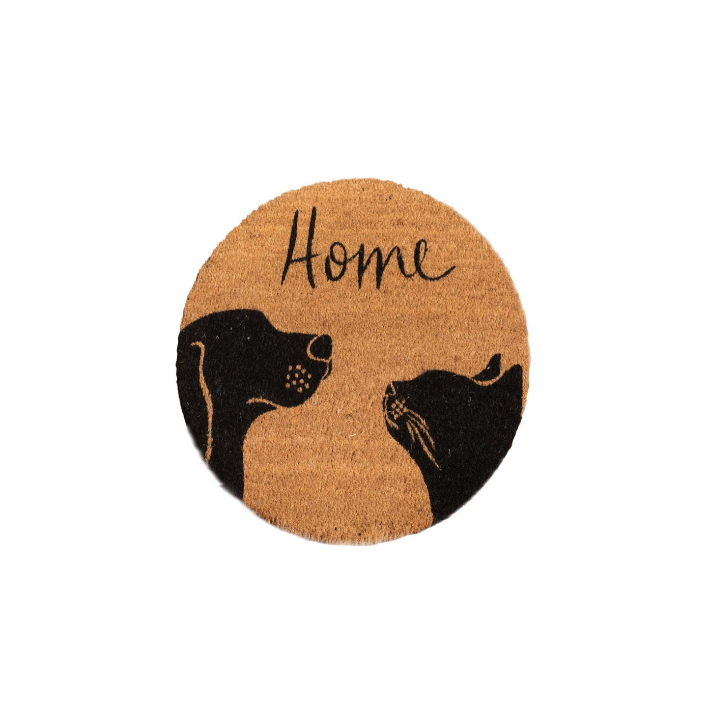 Round doormat with black cat and dog illustration and 'Home' text on a beige background