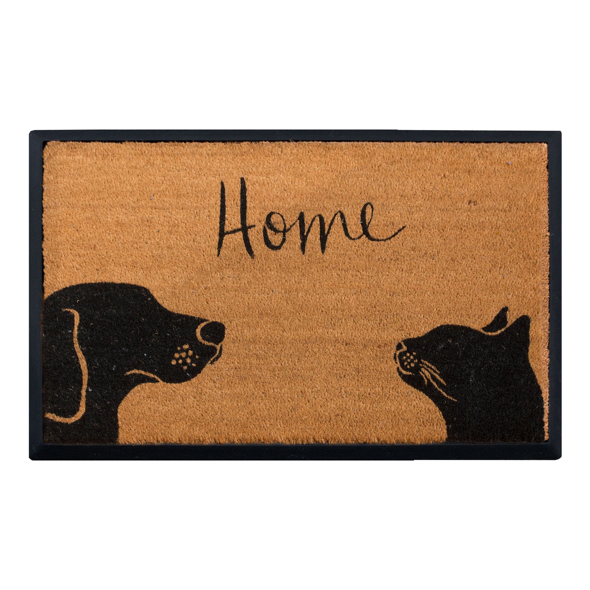 Doormat with dog and cat illustration and 'Home' text on a beige background