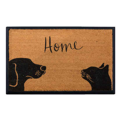 Doormat with dog and cat illustration and 'Home' text on a beige background