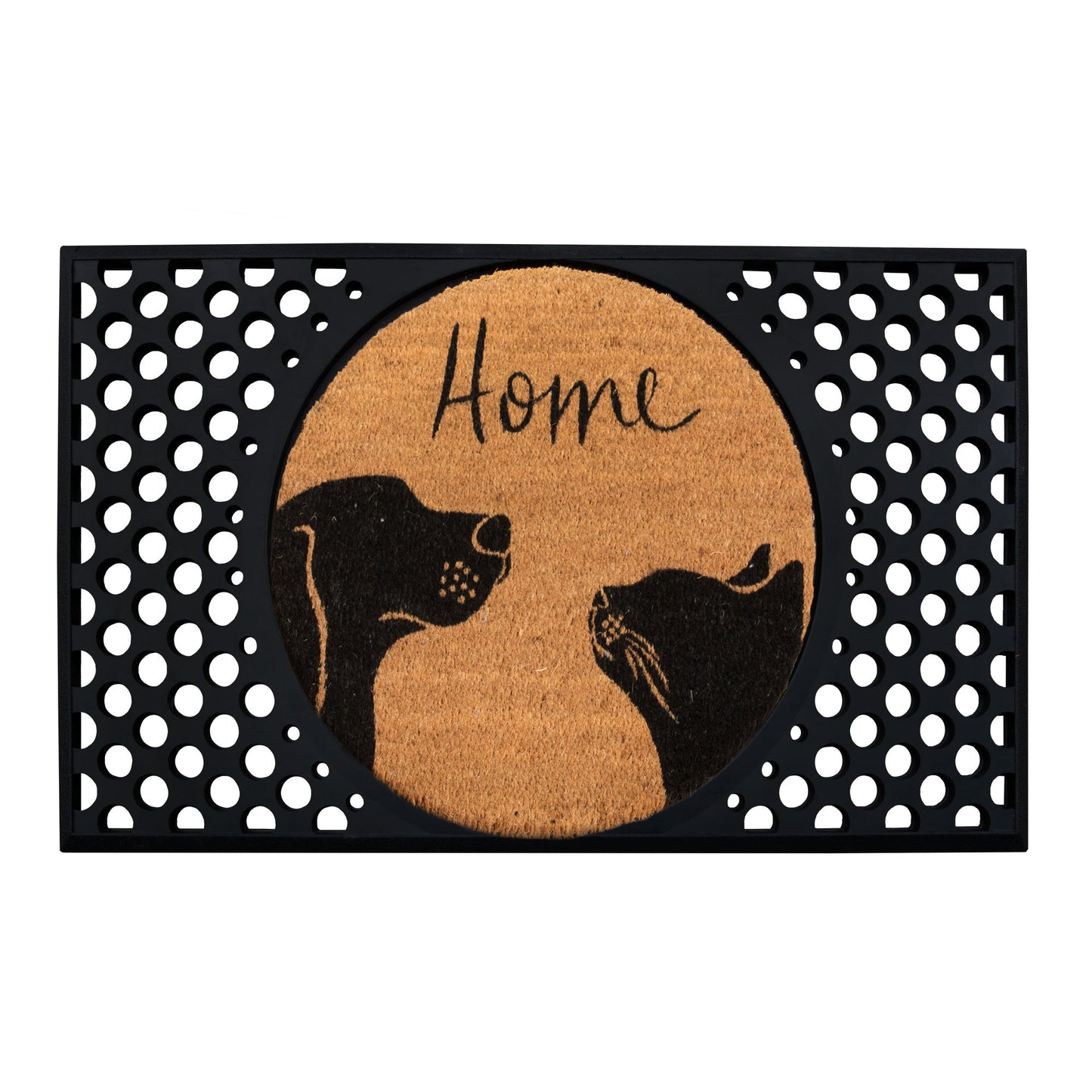 Doormat with dog and cat silhouette and 'Home' text on a white background