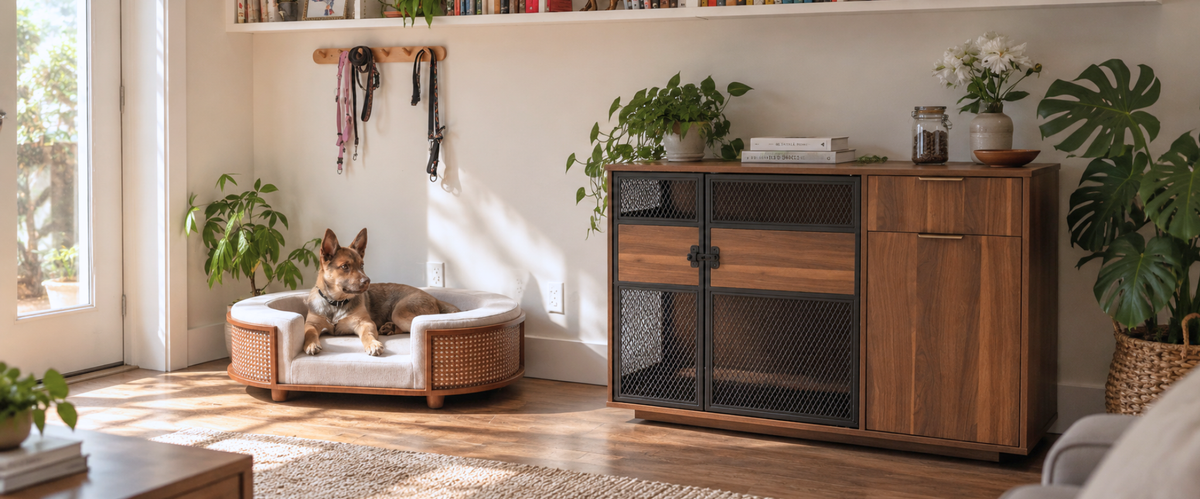 Upholstered raised pet bed with wood finish metal frame and rattan detail