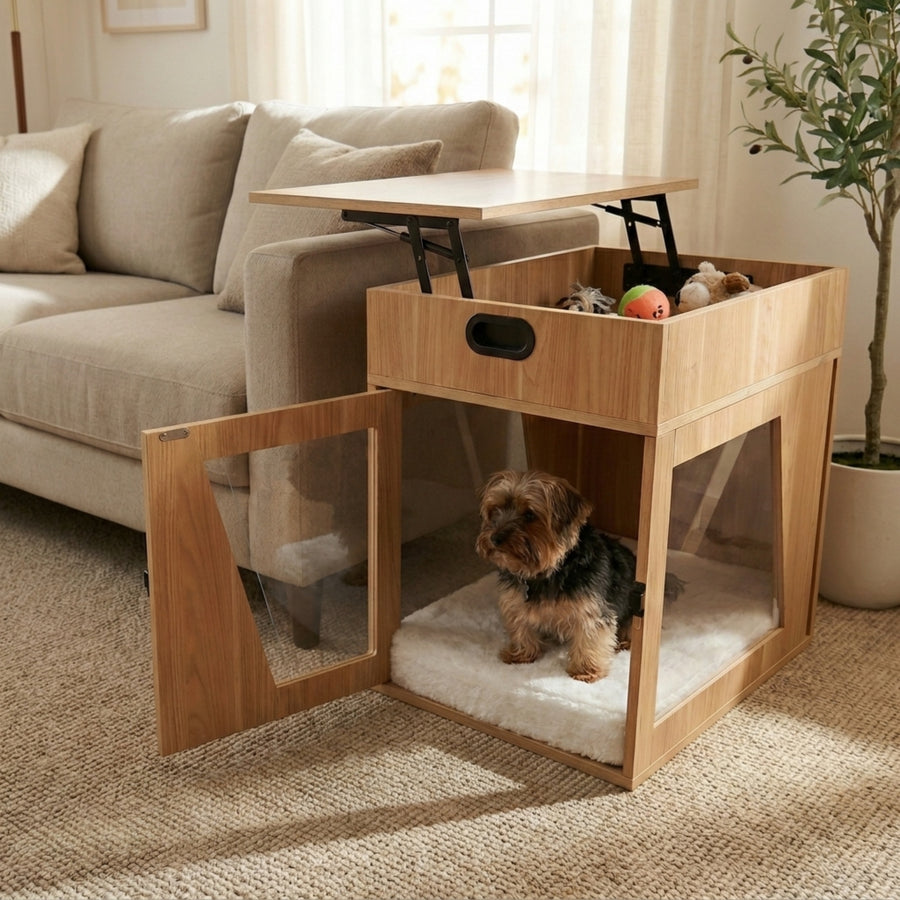 Pet crate side table with lift-top storage compartment and enclosed crate