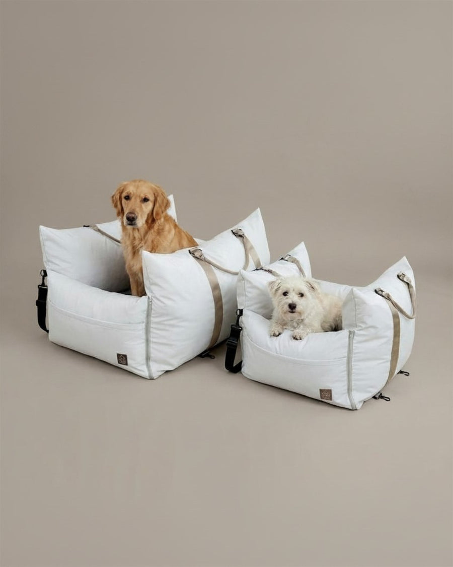 Pet car beds shown in standard and XL sizes for small and large dogs