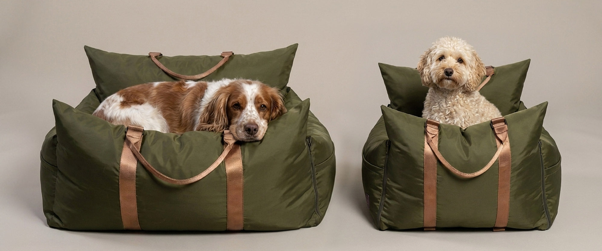 Pet car beds shown in standard and XL sizes for small and large dogs