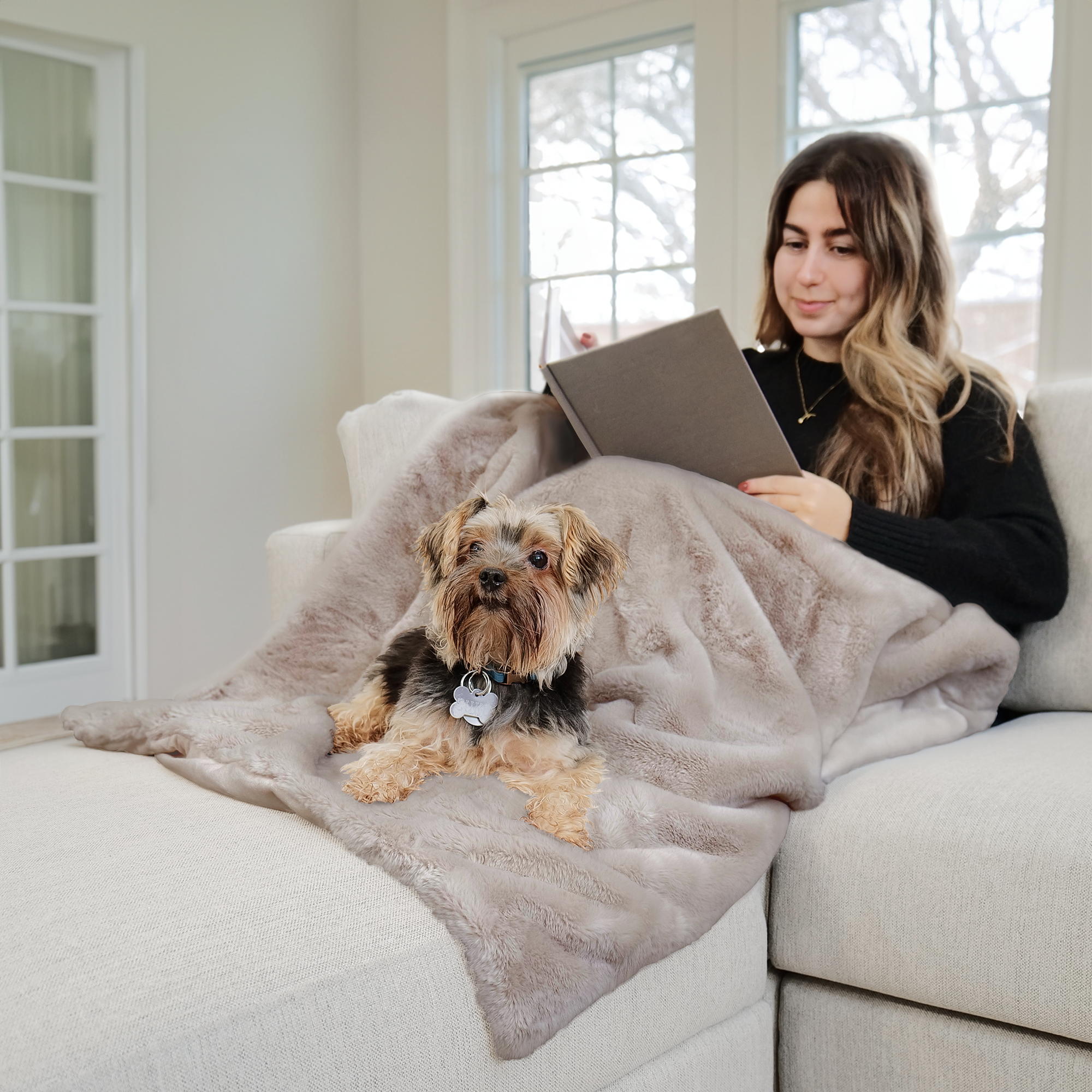 Woman reading a book with a small dog on a couch in a cozy living room.