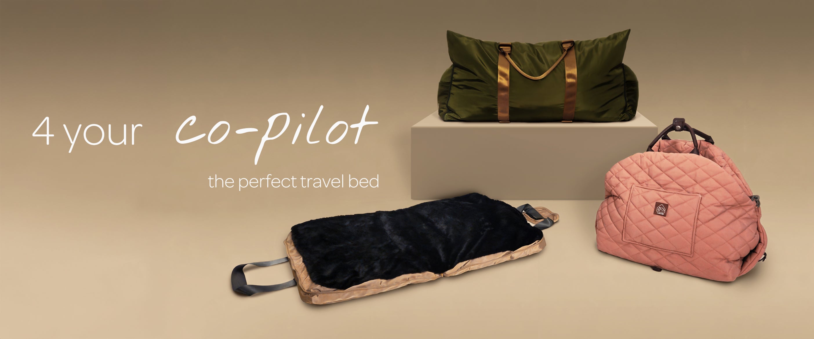 Travel bed and pink backpack with green bag on a beige background, featuring text '4 your co-pilot'.