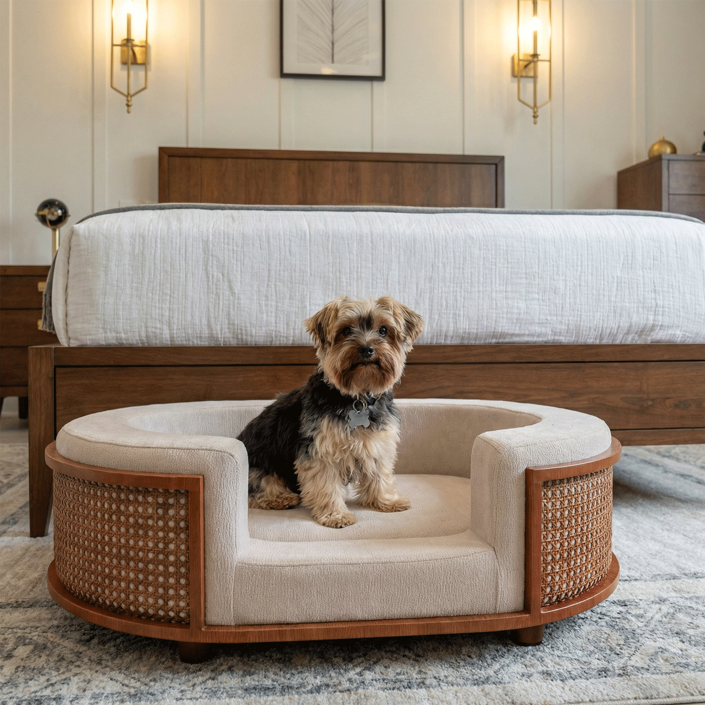 Upholstered raised pet bed with wood finish metal frame and rattan detail