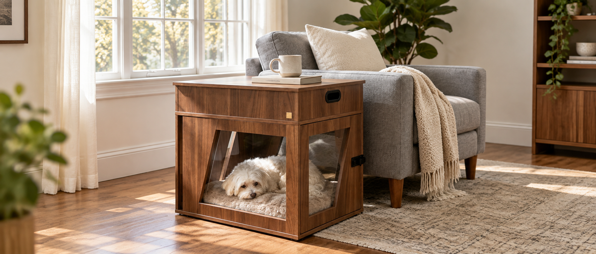 Pet crate side table with lift top storage and enclosed pet space