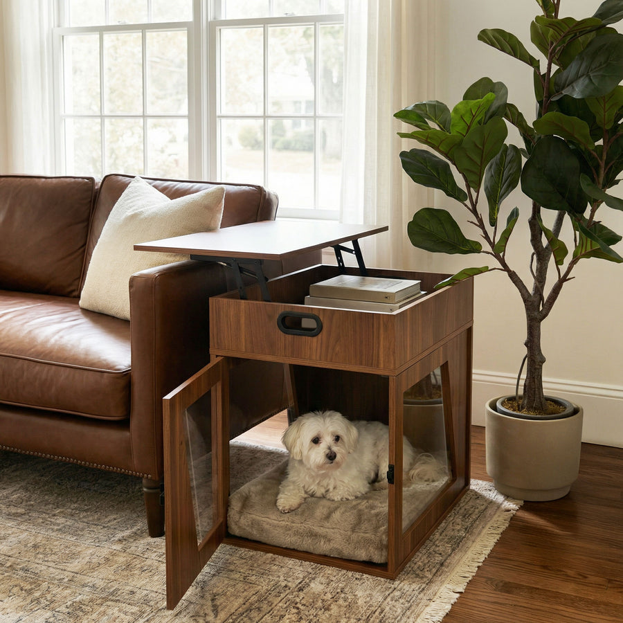 Pet crate side table with lift top storage and enclosed pet space