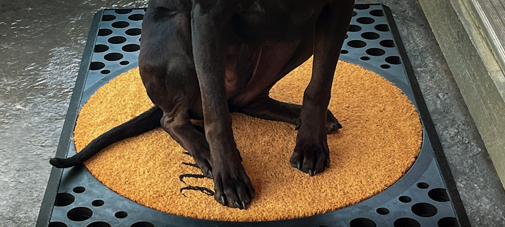 Round coir doormat with rubber base at entryway