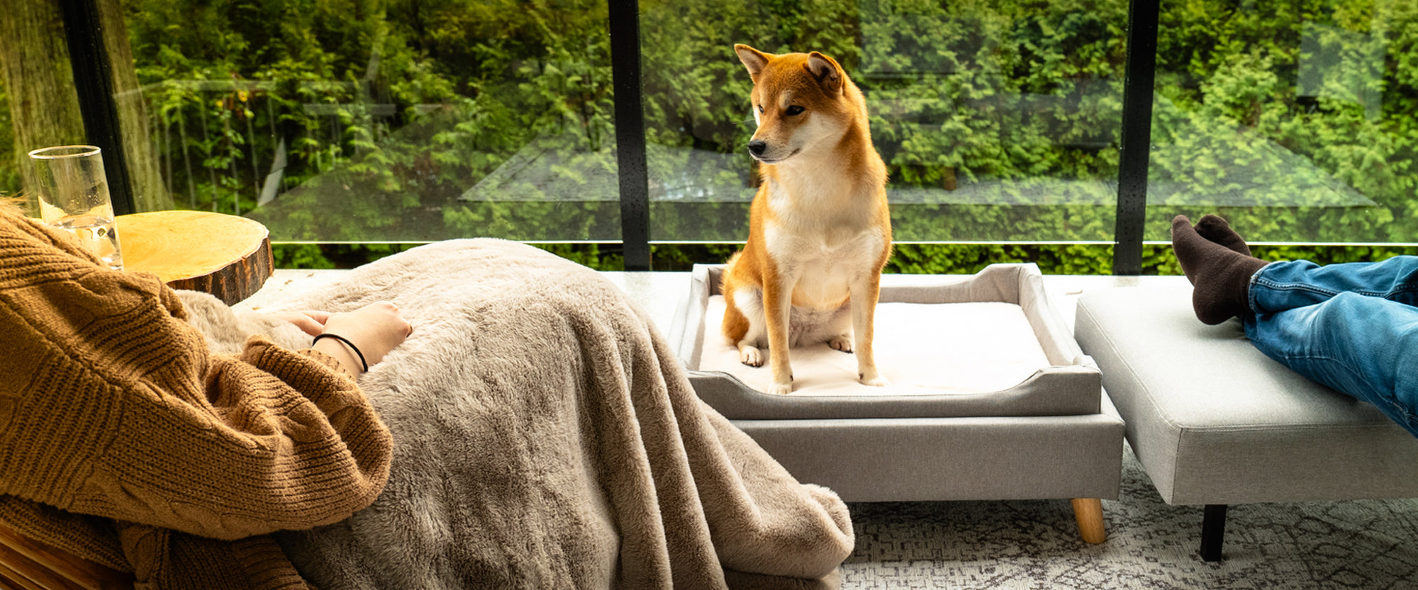 Pet ottoman with hidden bed and removable lid with retractable legs