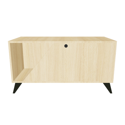 A wooden sideboard featuring a sleek black metal base, showcasing a modern and stylish design.
