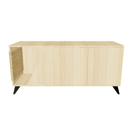 A wooden sideboard featuring a sleek black metal base, showcasing a modern and stylish design.