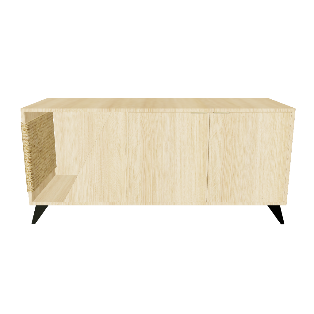 A wooden sideboard featuring a sleek black metal base, showcasing a modern and stylish design.