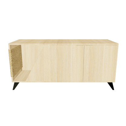 A wooden sideboard featuring a sleek black metal base, showcasing a modern and stylish design.