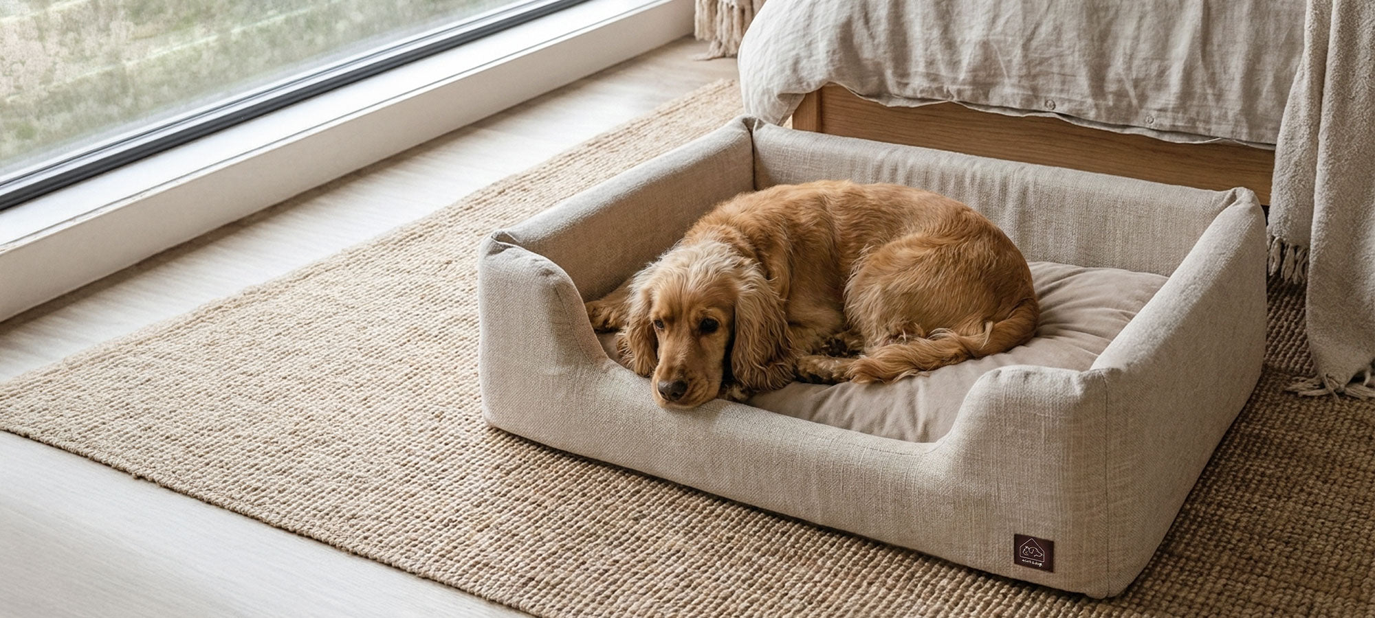 Plush upholstered pet bed with removable washable cover